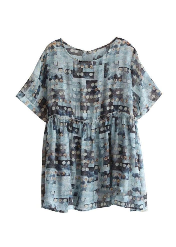 Women Blue O Neck Ruffled Print Patchwork Cotton Shirts Summer