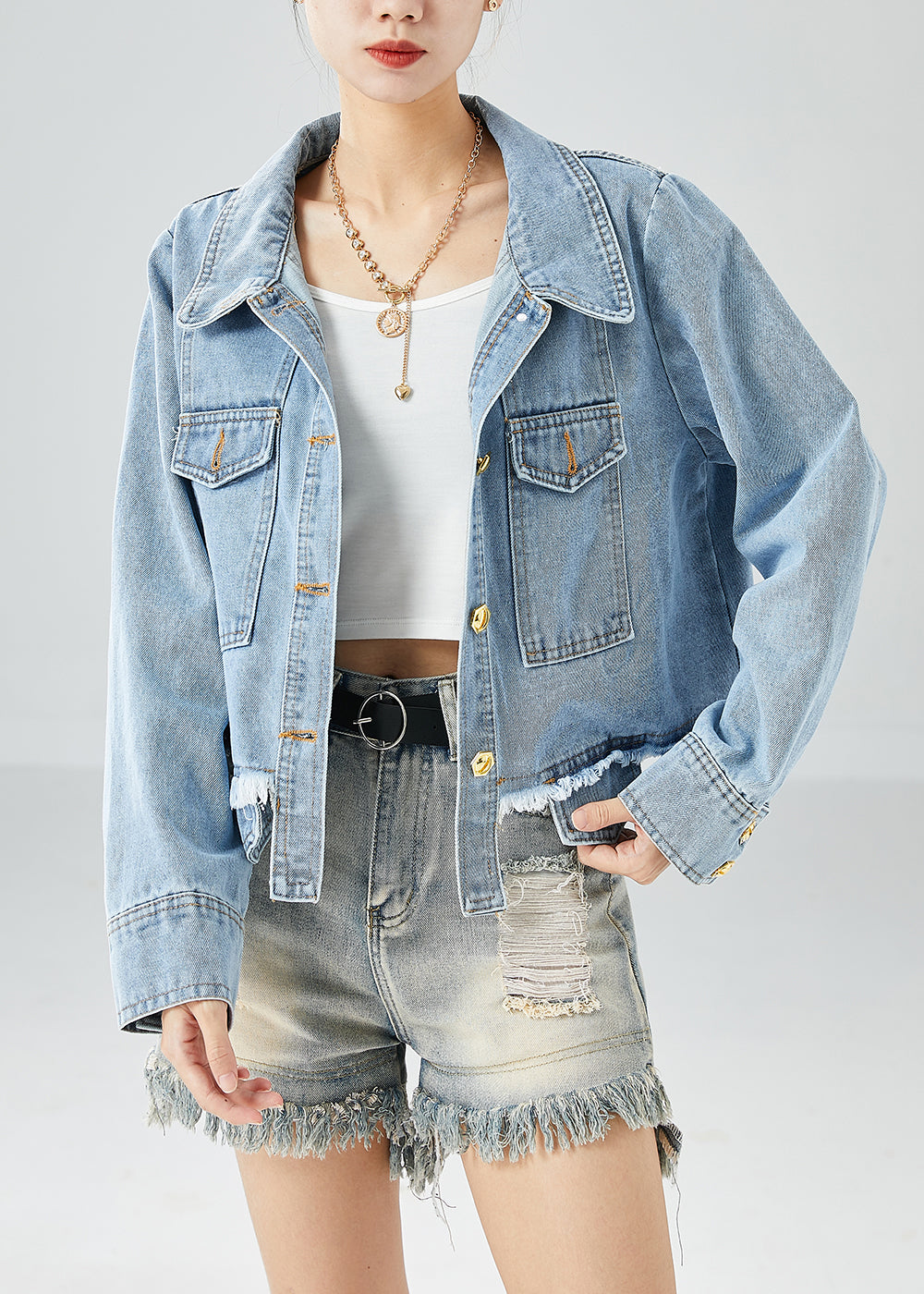 Women Blue Oversized Pockets Cotton Denim Coat Fall