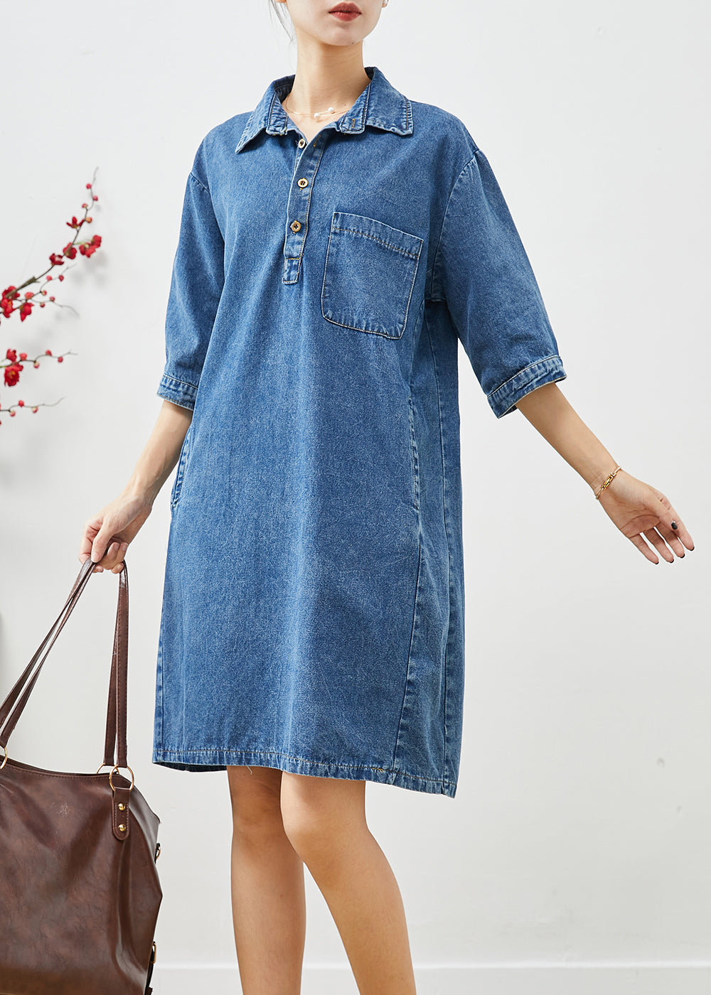 Women Blue Peter Pan Collar Cinched Denim Dress Half Sleeve