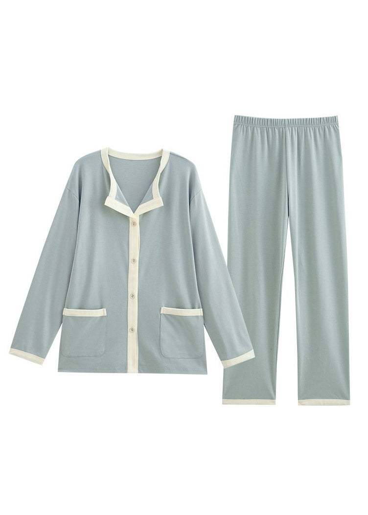 Women Blue Peter Pan Collar Patchwork Button Cotton Pajamas Two Pieces Set Spring
