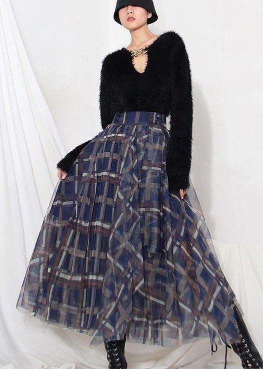 Women Blue Plaid zippered A Line Skirt Summer - Omychic