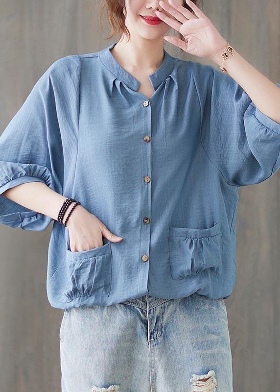 Women Blue Pockets Button Cotton Linen Summer Blouses - Omychic