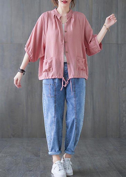 Women Blue Pockets Button Cotton Linen Summer Blouses - Omychic