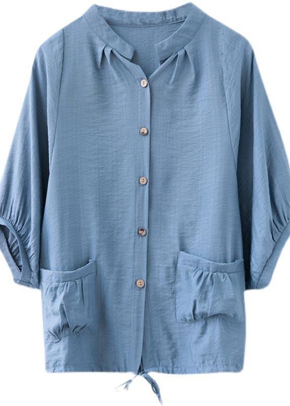 Women Blue Pockets Button Cotton Linen Summer Blouses - Omychic