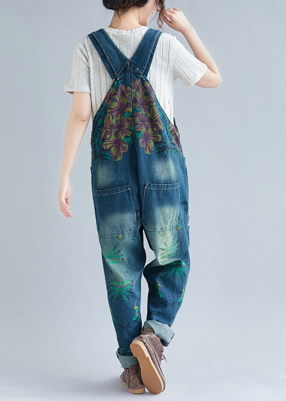 Women Blue Pockets Patchwork Print Denim Jumpsuit Spring