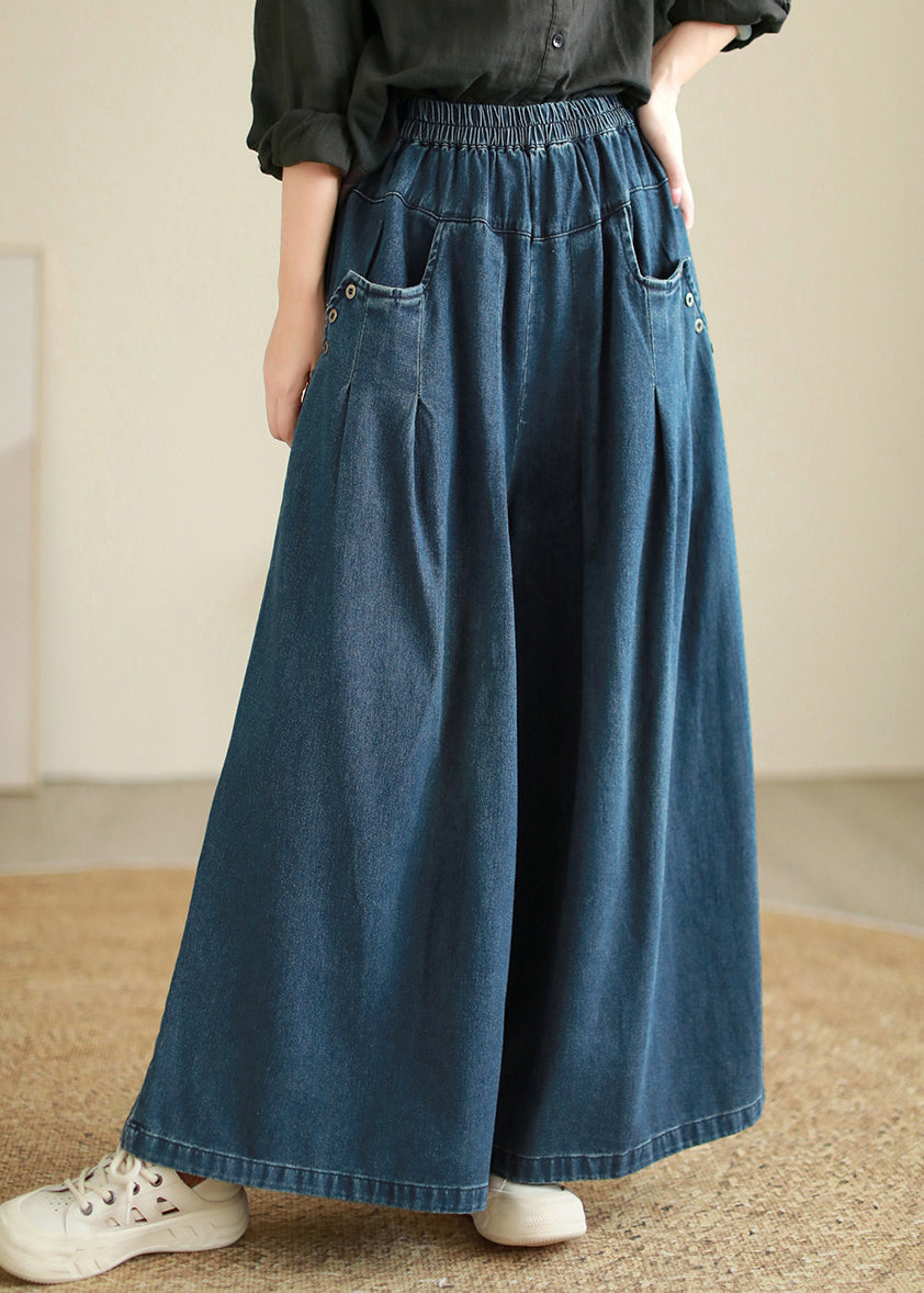 Women Blue Pockets Patchwork Wide Leg Jeans Spring