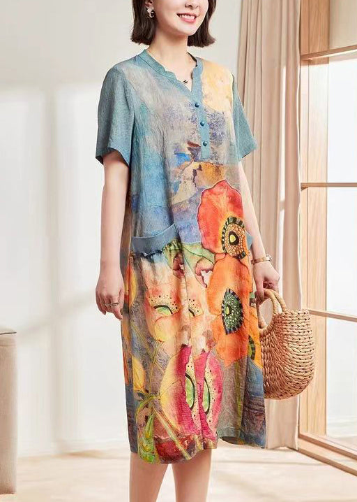 Women Blue Print Pockets Cotton Dresses Short Sleeve