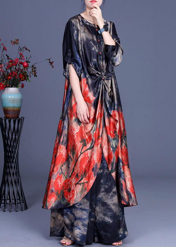 Women Blue Print low high design long shirts Wide Leg Two Pieces Set - Omychic