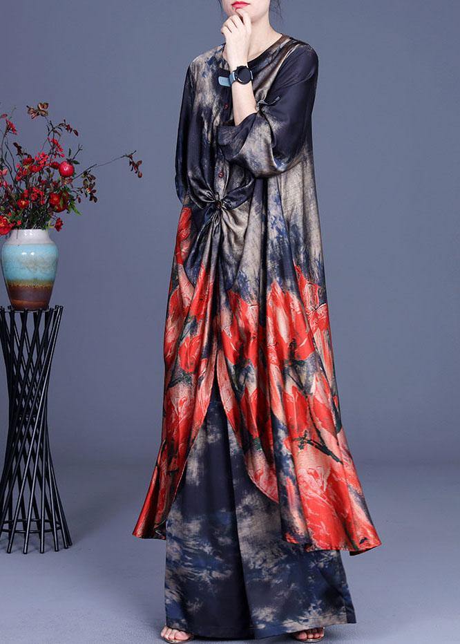 Women Blue Print low high design long shirts Wide Leg Two Pieces Set - Omychic