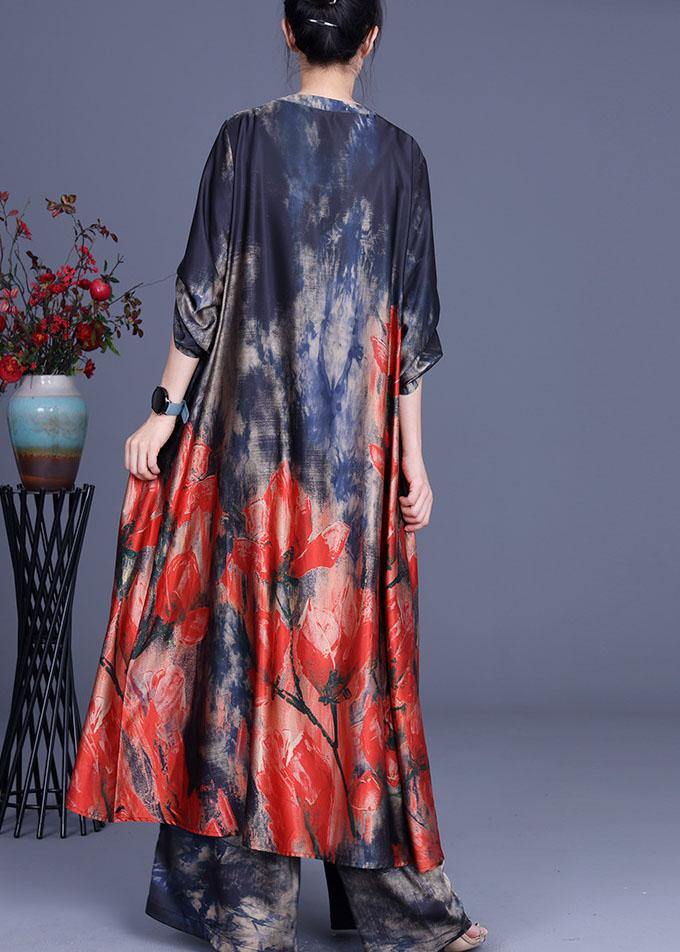 Women Blue Print low high design long shirts Wide Leg Two Pieces Set - Omychic