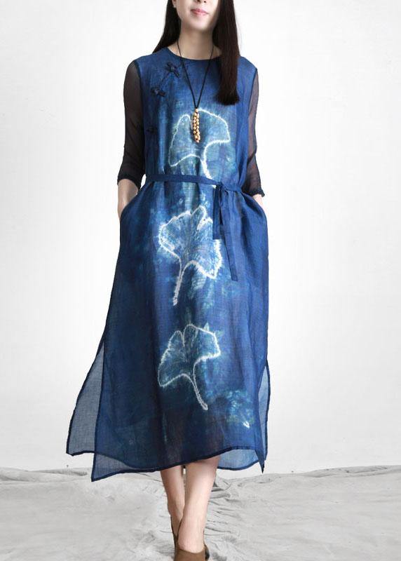 Women Blue Print tie waist Linen side open Summer Ankle Dress - Omychic