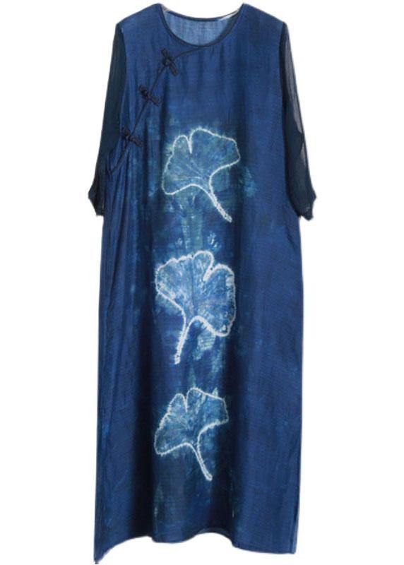 Women Blue Print tie waist Linen side open Summer Ankle Dress - Omychic