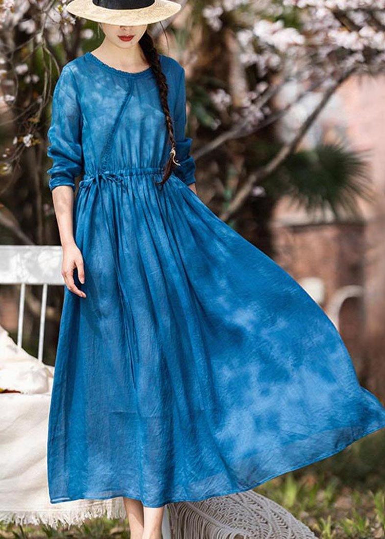 Women Blue Ruffled Pockets Party Summer Linen Dress - Omychic