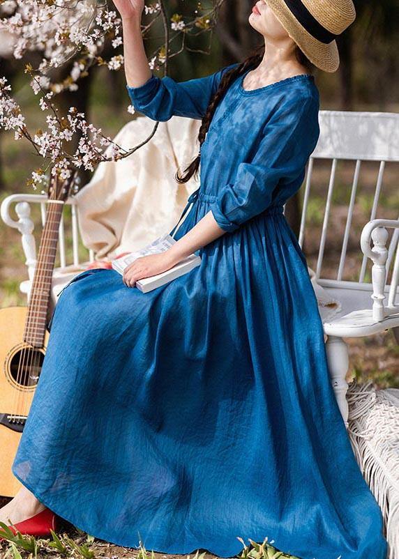 Women Blue Ruffled Pockets Party Summer Linen Dress - Omychic