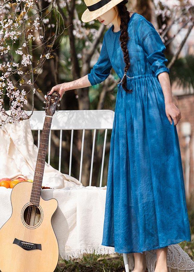 Women Blue Ruffled Pockets Party Summer Linen Dress - Omychic
