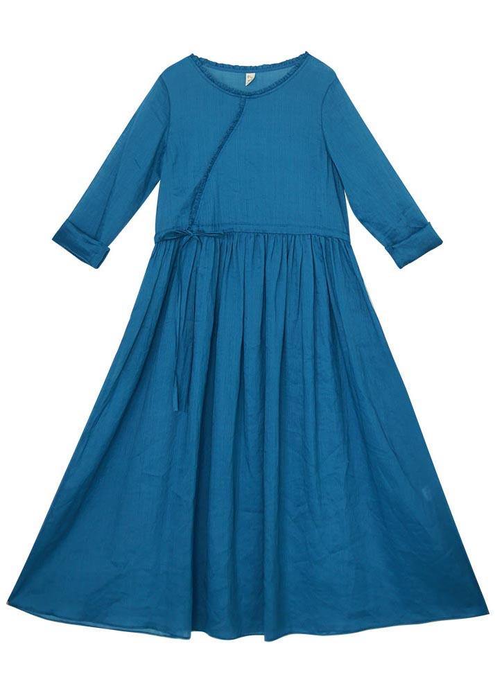 Women Blue Ruffled Pockets Party Summer Linen Dress - Omychic