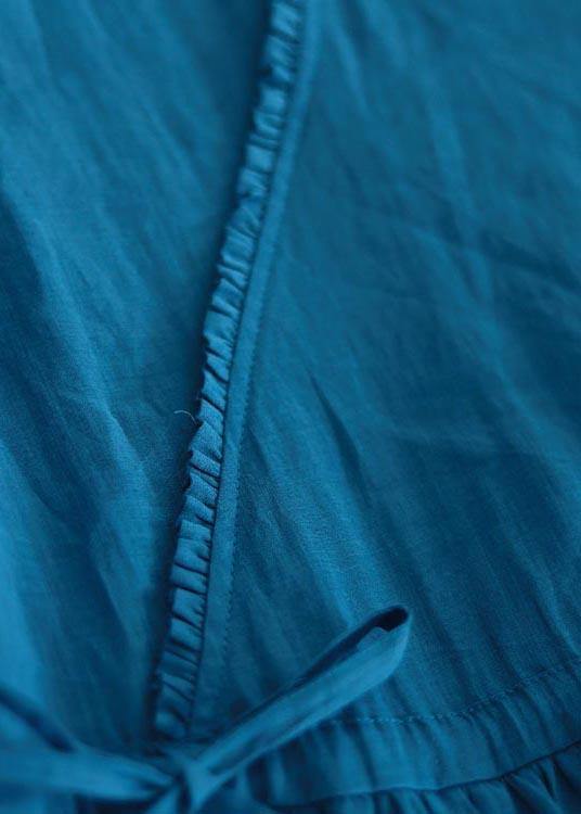 Women Blue Ruffled Pockets Party Summer Linen Dress - Omychic