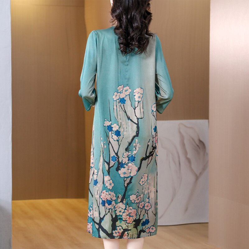 Casual Blue Silk Satin V-Neck Midi Dress Short Sleeve