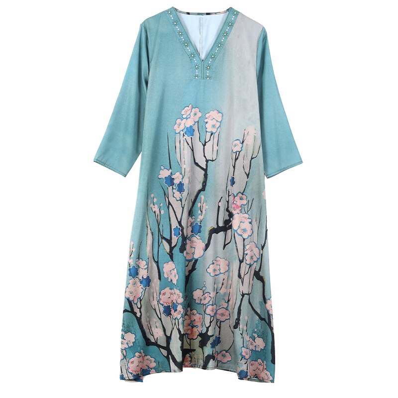 Casual Blue Silk Satin V-Neck Midi Dress Short Sleeve