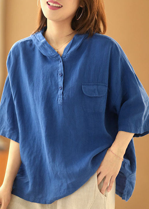Women Blue Solid Color Hooded Pockets Linen Pullover Top Summer