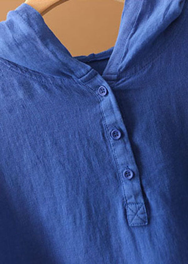 Women Blue Solid Color Hooded Pockets Linen Pullover Top Summer
