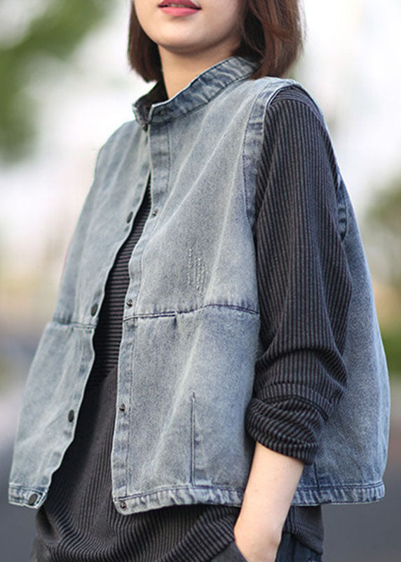 Women Blue Stand Collar Button Pockets Fall Denim Sleeveless Waistcoat