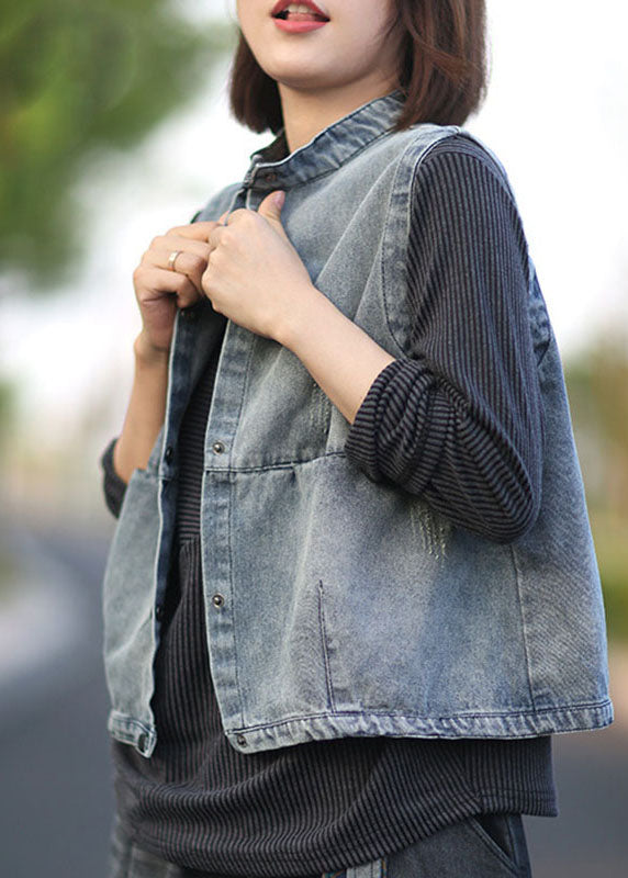 Women Blue Stand Collar Button Pockets Fall Denim Sleeveless Waistcoat