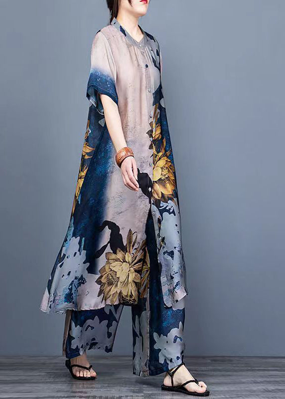 Women Blue Stand Collar Draping Print Silk Long Shirt And Wide Leg Pants Two Piece Suit Set Summer