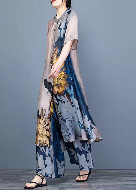 Women Blue Stand Collar Draping Print Silk Long Shirt And Wide Leg Pants Two Piece Suit Set Summer