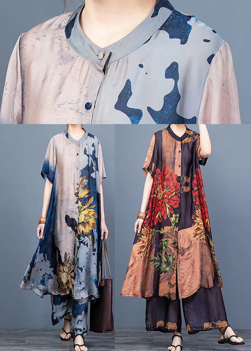 Women Blue Stand Collar Draping Print Silk Long Shirt And Wide Leg Pants Two Piece Suit Set Summer