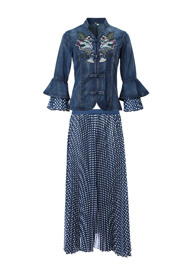 Women Blue Stand Collar Embroideried Patchwork Cotton Denim Coats Dot print Chiffon skirt Two Pieces Set flare sleeve