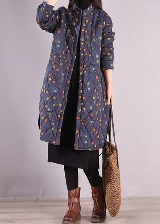 Women Blue Stand Collar Pockets Patchwork Fine Cotton Filled Coat Winter