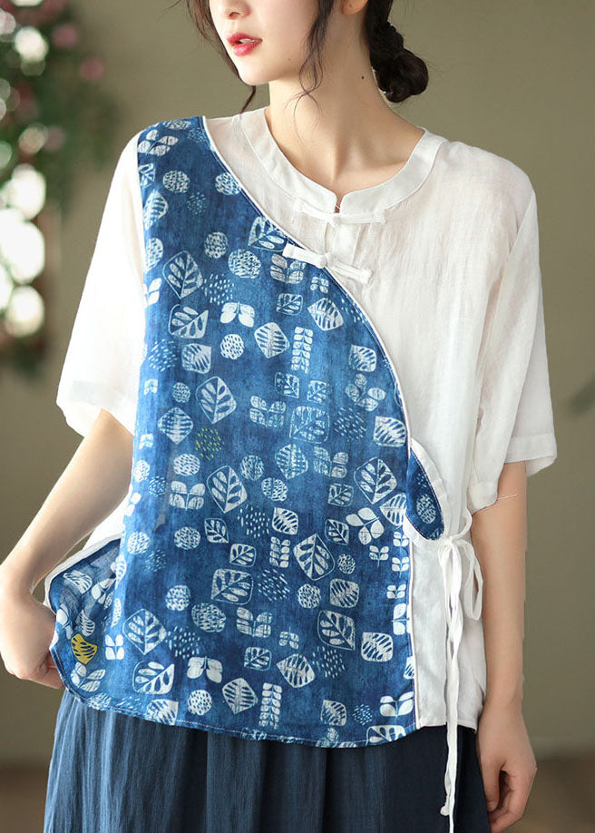 Women Blue Stand Collar Print Patchwork Linen Shirt Top Summer
