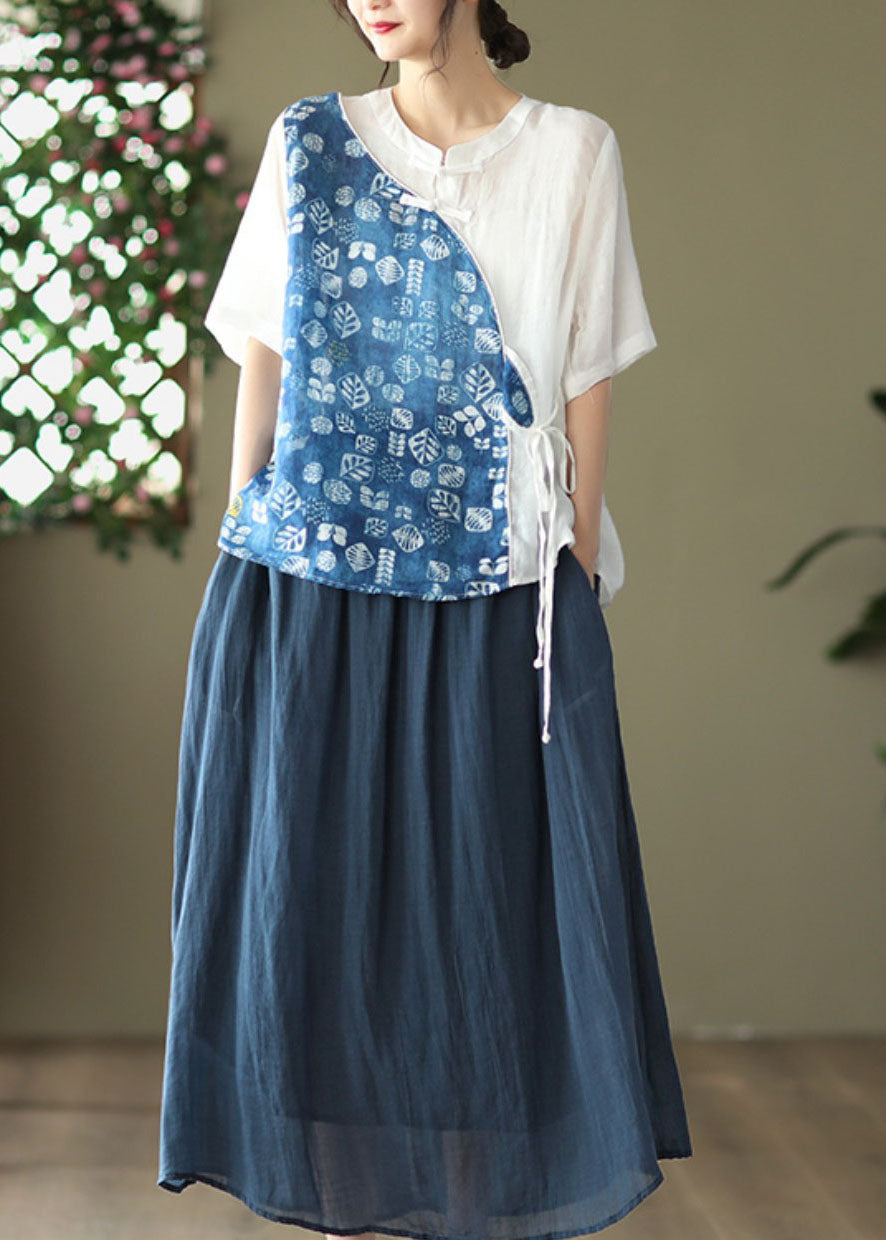 Women Blue Stand Collar Print Patchwork Linen Shirt Top Summer