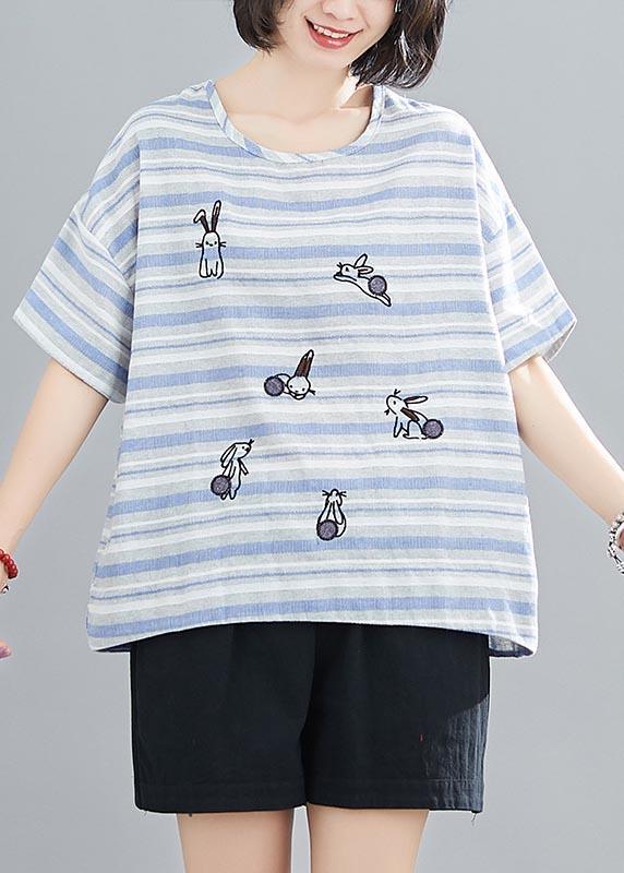 Women Blue Striped Embroideried rabbit Cotton Linen Summer Top - Omychic