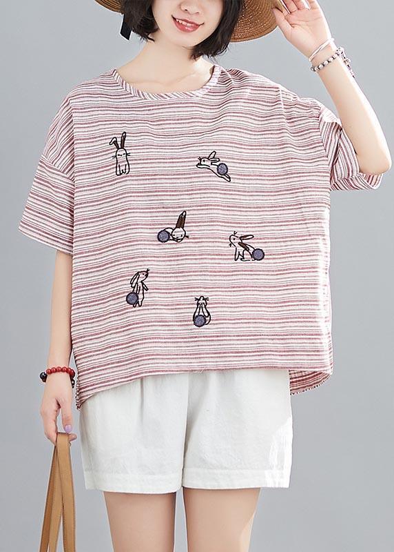 Women Blue Striped Embroideried rabbit Cotton Linen Summer Top - Omychic