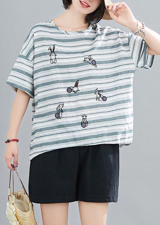 Women Blue Striped Embroideried rabbit Cotton Linen Summer Top - Omychic