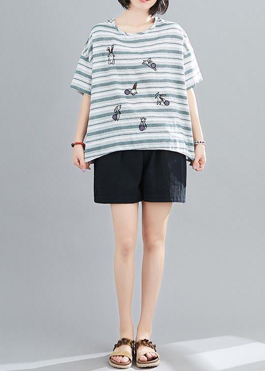 Women Blue Striped Embroideried rabbit Cotton Linen Summer Top - Omychic