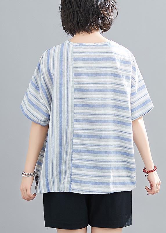 Women Blue Striped Embroideried rabbit Cotton Linen Summer Top - Omychic