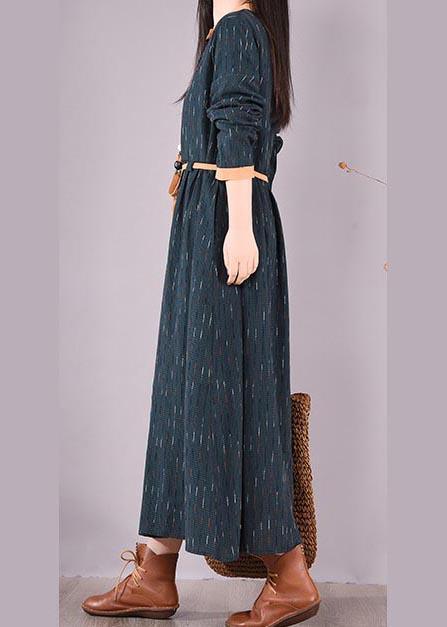 Women Blue Striped Quilting Clothes O Neck Tie Waist Long Spring Dresses - Omychic