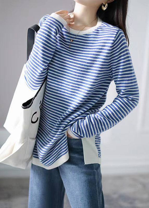 Women Blue Striped Side Open Patchwork Knitting Cotton Tops Fall