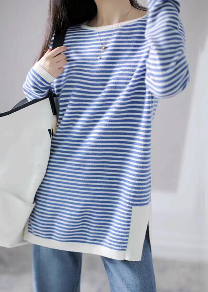 Women Blue Striped Side Open Patchwork Knitting Cotton Tops Fall