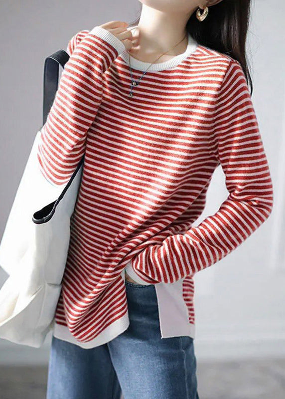 Women Blue Striped Side Open Patchwork Knitting Cotton Tops Fall