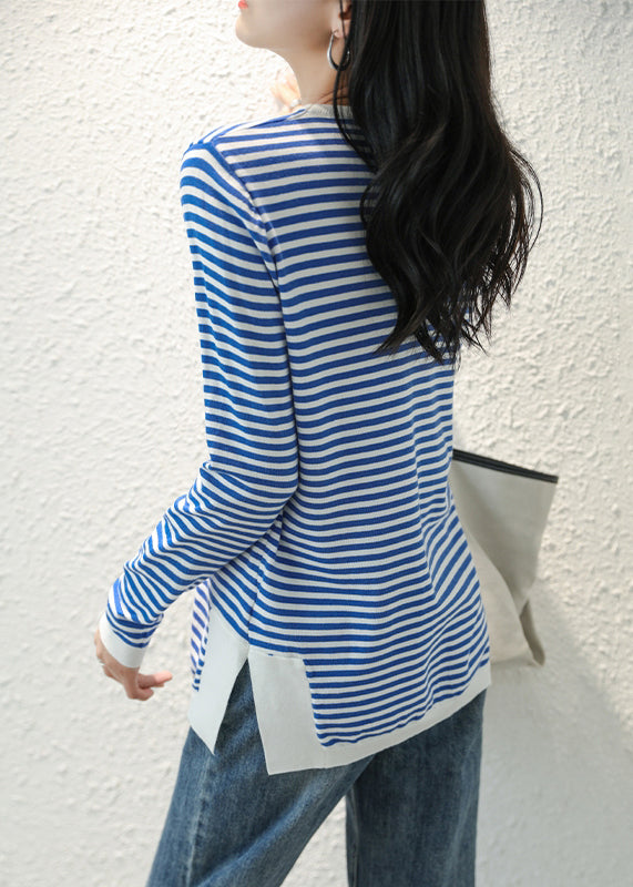 Women Blue Striped Side Open Patchwork Knitting Cotton Tops Fall