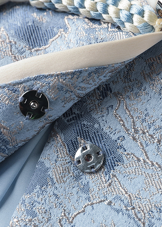 Women Blue Tasseled Jacquard Patchwork Cotton Coats Fall