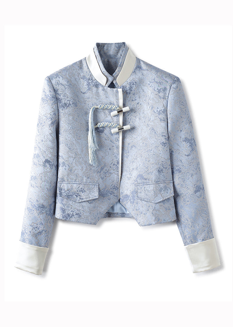 Women Blue Tasseled Jacquard Patchwork Cotton Coats Fall