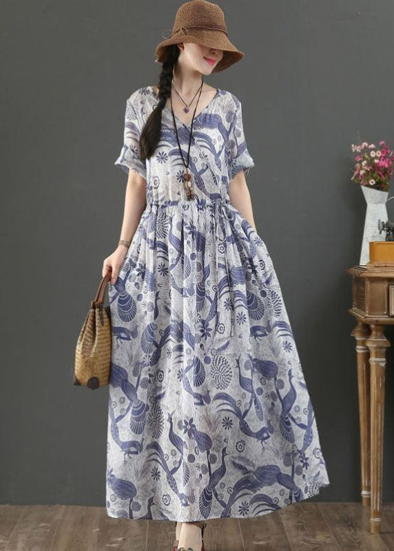 Women Blue Tie Waist V Neck Print Linen Maxi Dress Short Sleeve