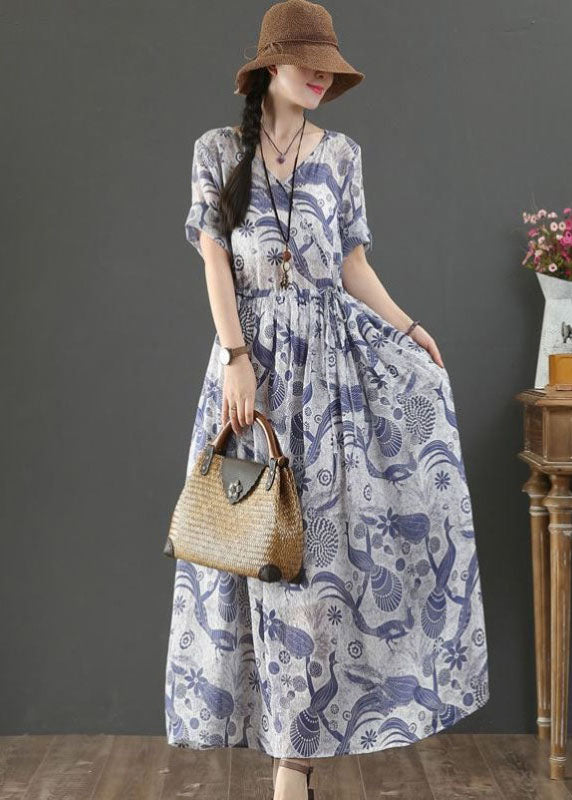 Women Blue Tie Waist V Neck Print Linen Maxi Dress Short Sleeve