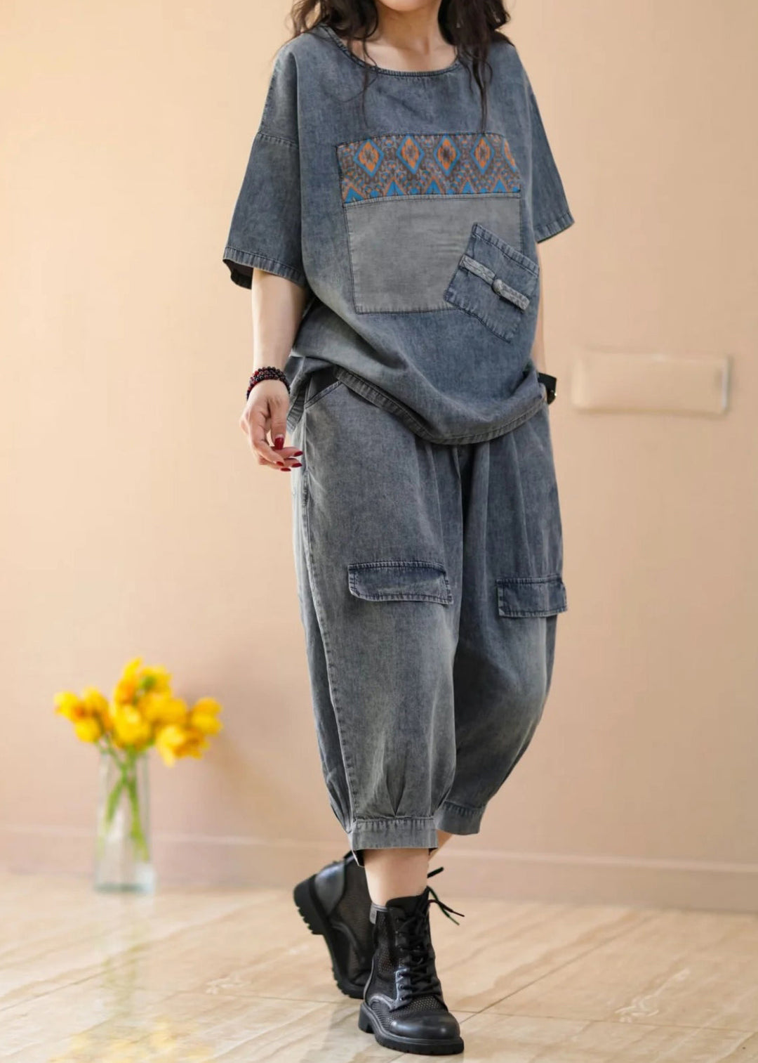 Women Blue Tops And Crop Pants Denim Two Piece Suit Set Summer