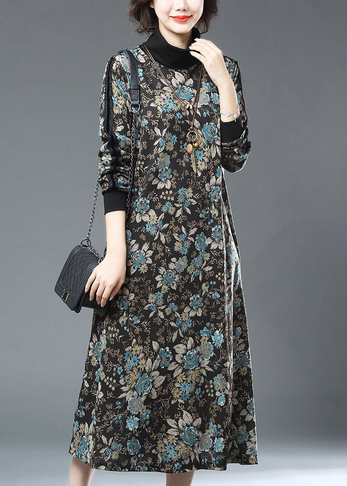 Women Blue Turtleneck Print Patchwork Warm Fleece Long Dresses Fall